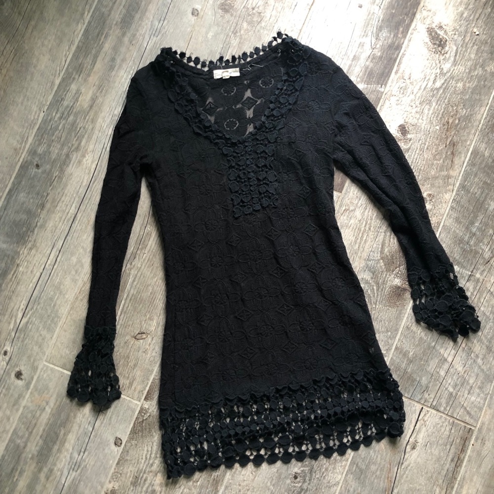 Black crochet lace long sleeve dress with FL slip